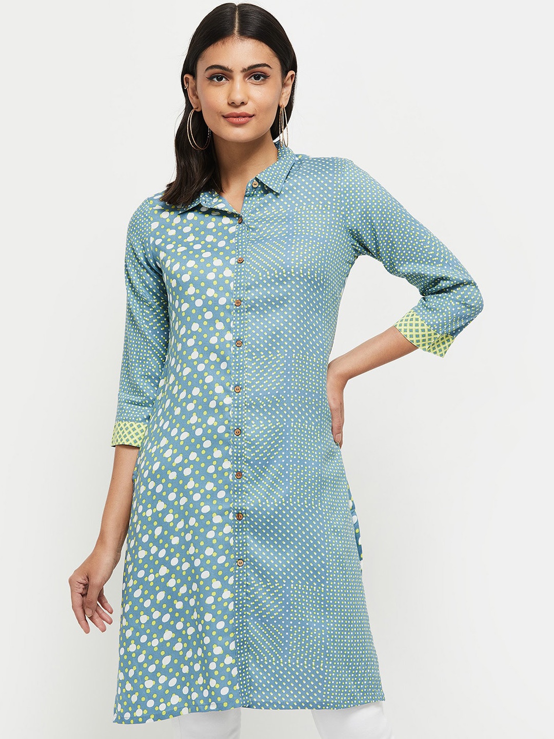

max Women Blue Geometric Printed Shirt Collar Kurta