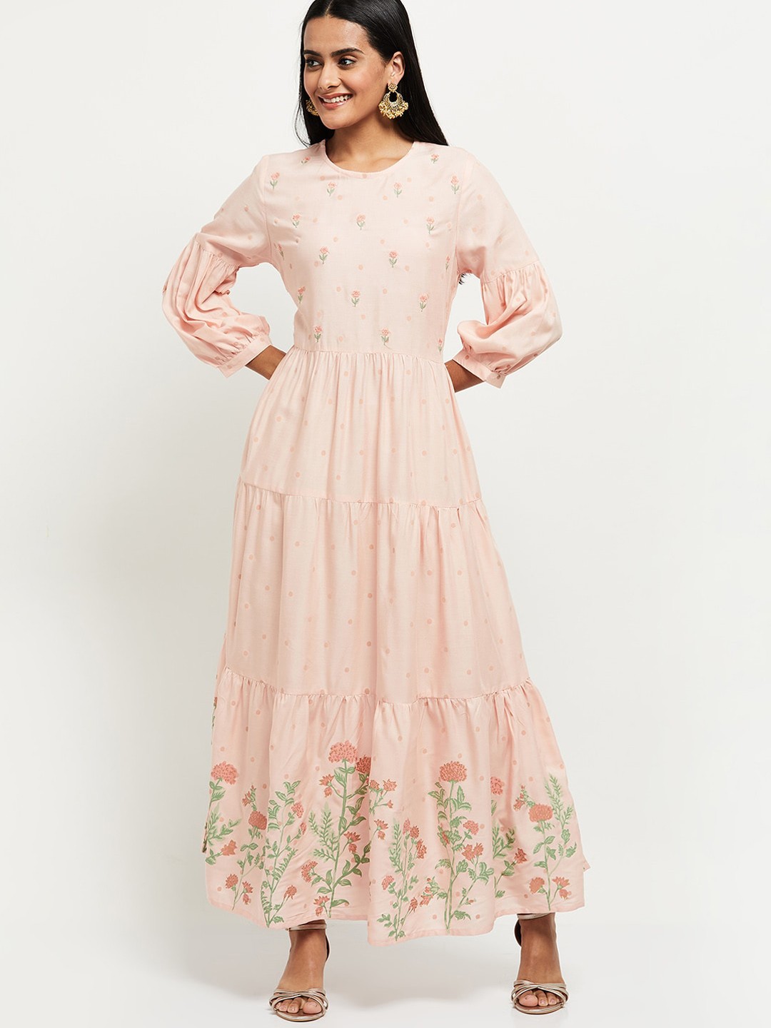 

max Women Peach-Coloured Floral Printed Tiered Anarkali Kurta