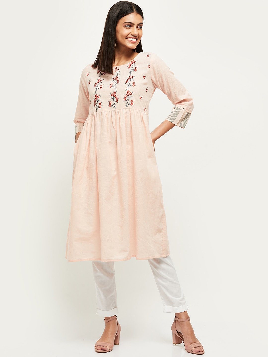 

max Women Peach-Coloured Floral Yoke Design Thread Work Kurta