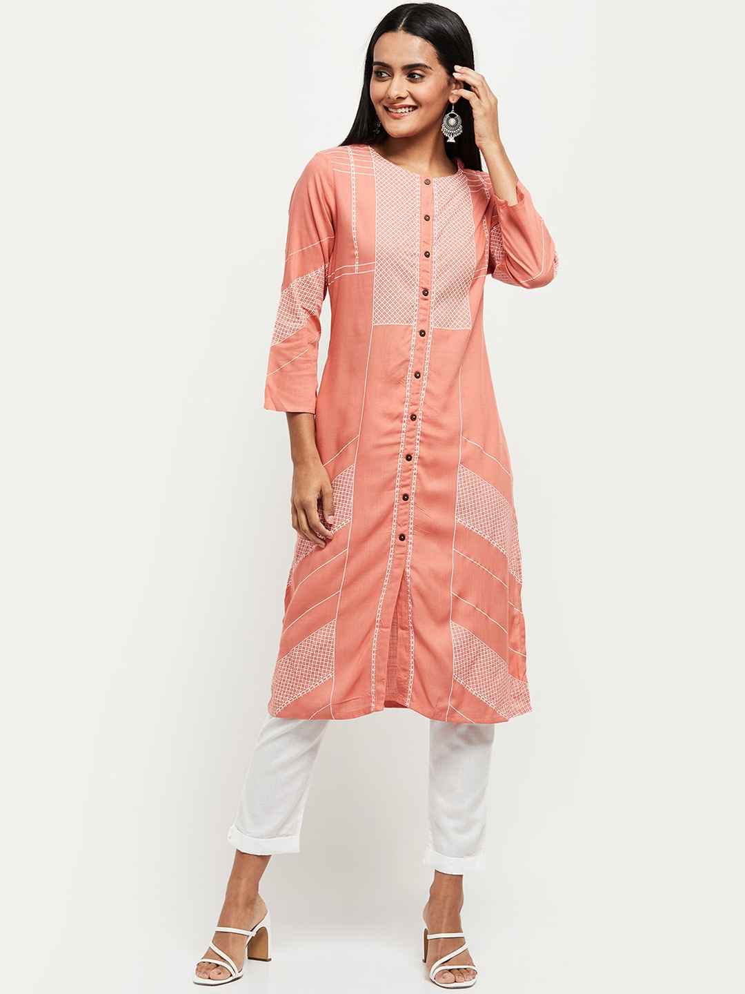 

max Women Rust Geometric Striped Flared Sleeves Kurta