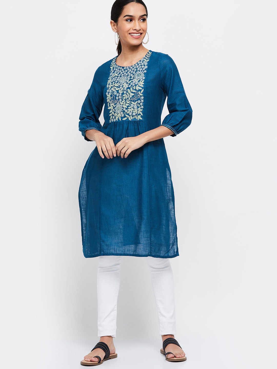 

max Women Blue Ethnic Motifs Yoke Design Kurta