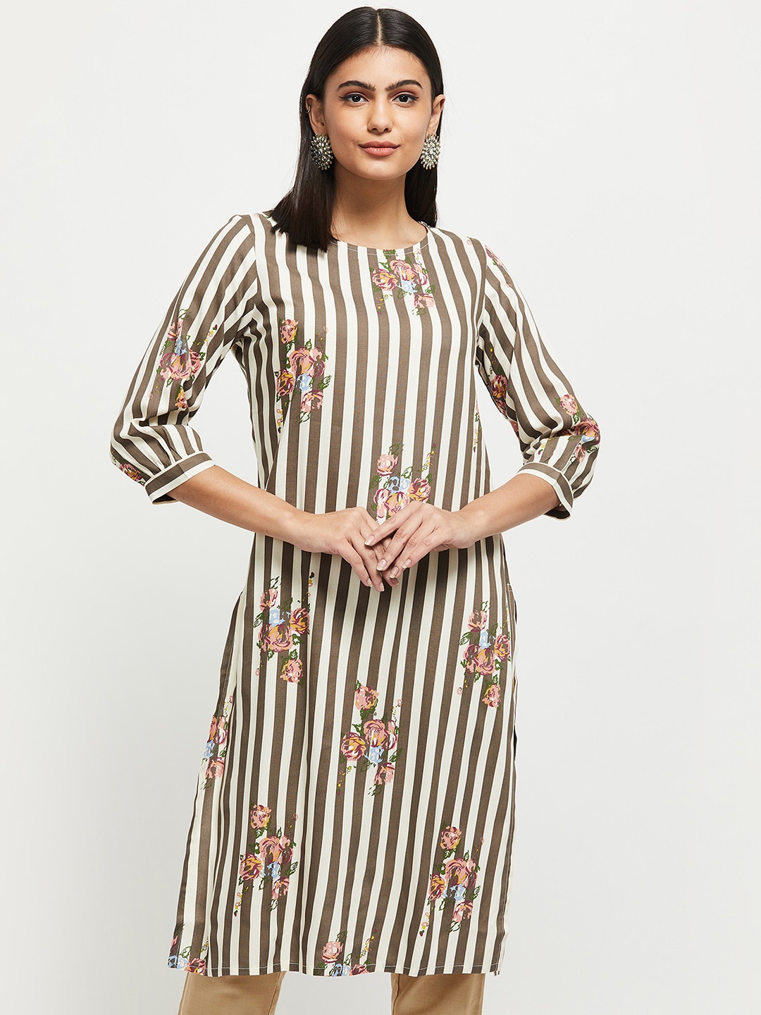 

max Women Grey Striped Flared Sleeves Kurta