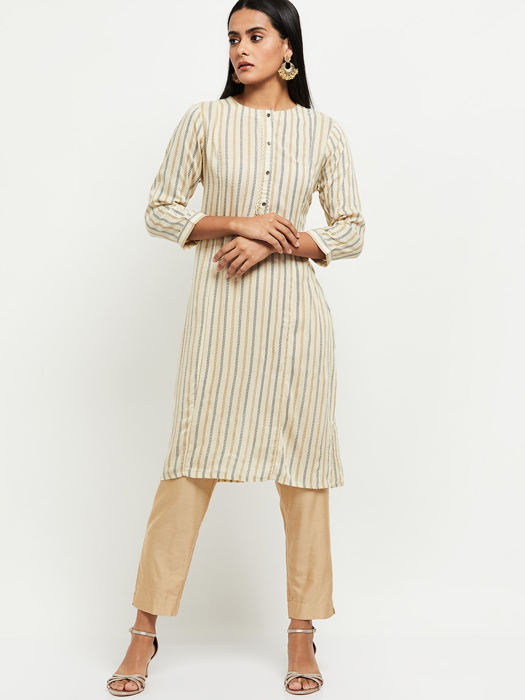

max Women Cream-Coloured Striped Thread Work Kurta