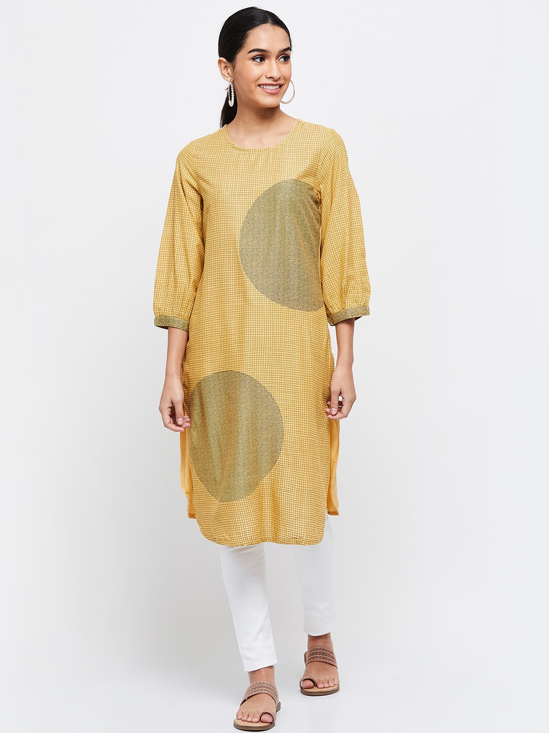 

max Women Mustard Yellow Checked Thread Work Kurta