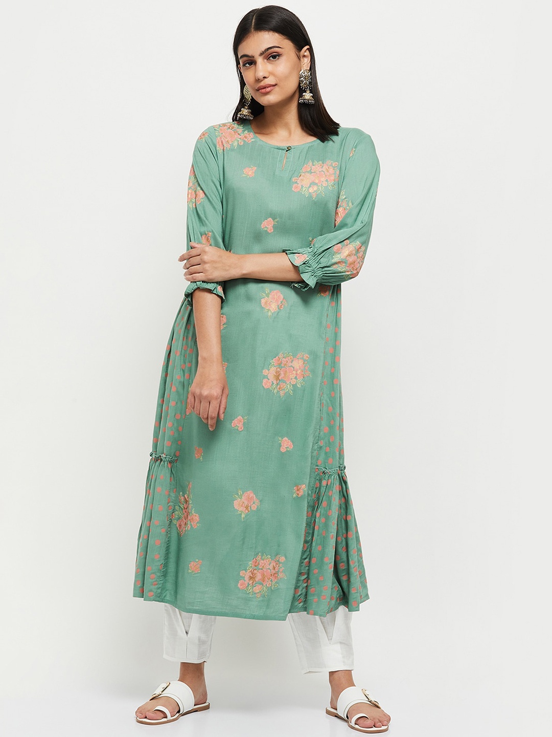 

max Women Teal Floral Printed Keyhole Neck Flared Sleeves Kurta