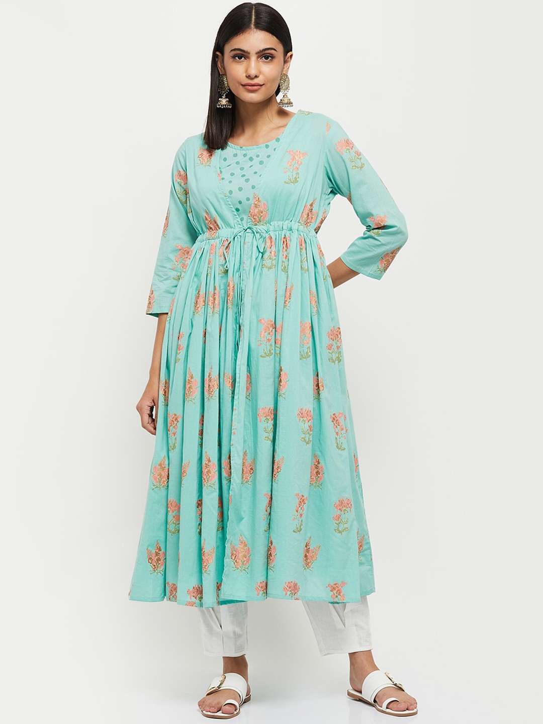 

max Women Teal Striped Belted Detail Anarkali Kurta