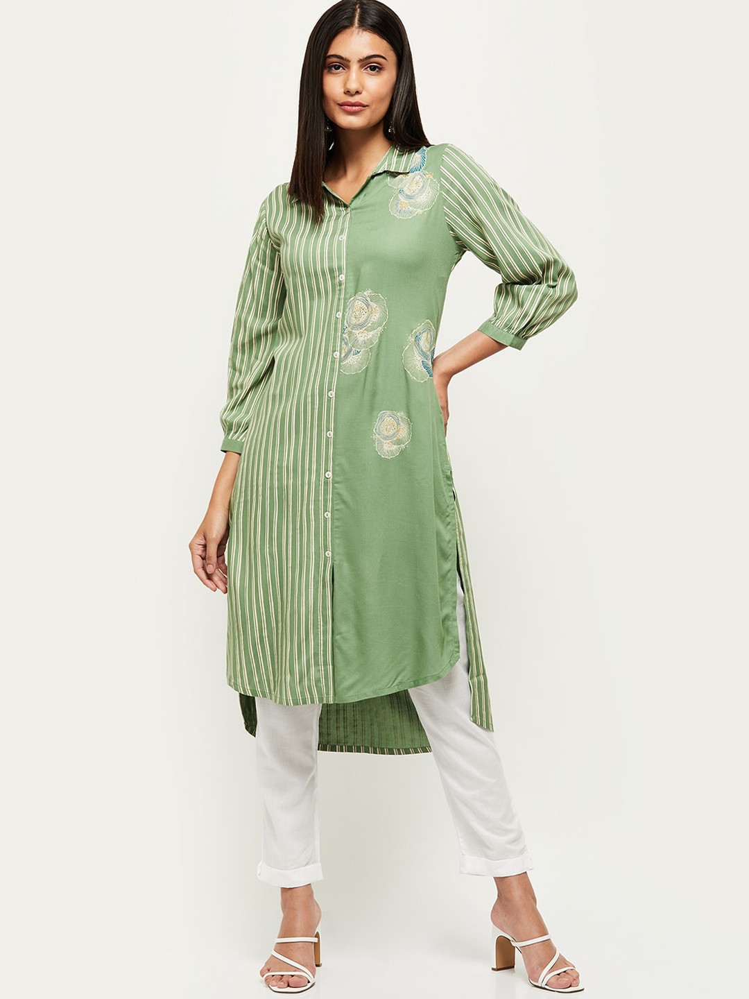 

max Women Green Striped Pathani Kurta