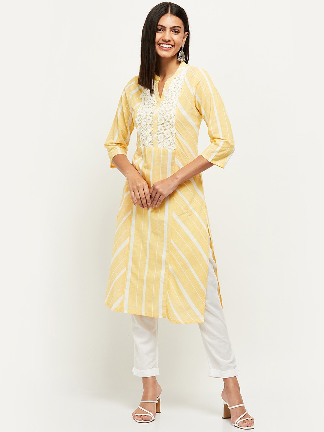 

max Women Yellow Yoke Design Thread Work Kurta