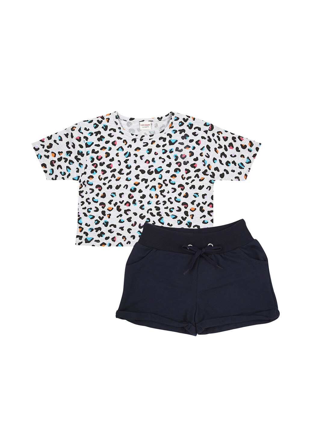 

RAINE AND JAINE Girls Grey Melange Printed Top & Navy Blue Shorts