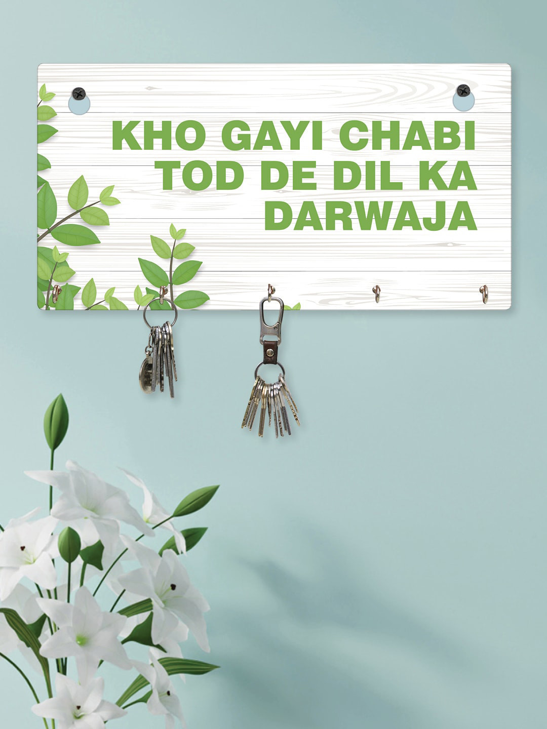 

RANDOM Set of 2 White Green Love Quotes Printed Hanging Key Holder