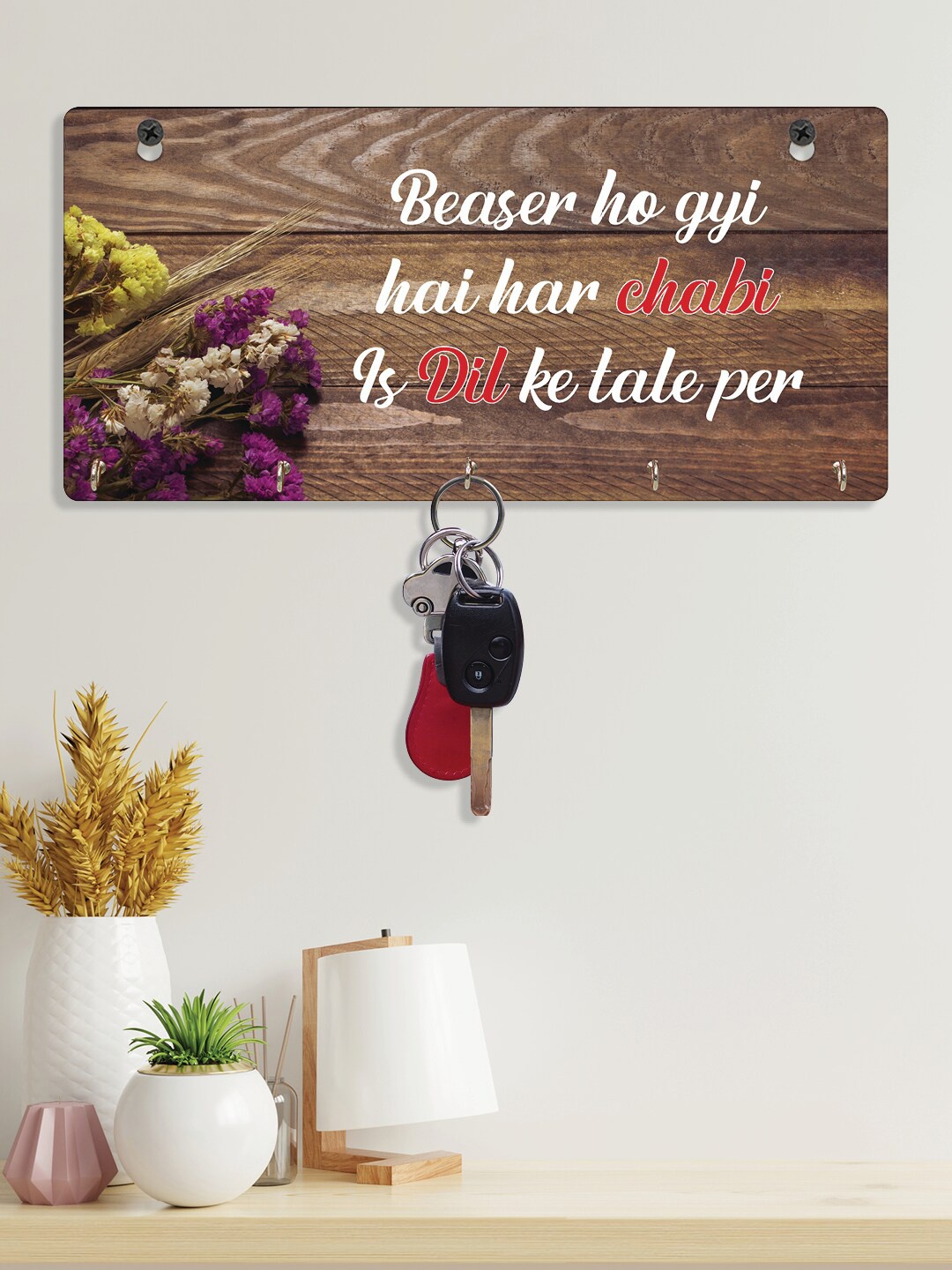 

RANDOM Set of 2 Brown White Quotes Printed Wall Hanging Key Holder