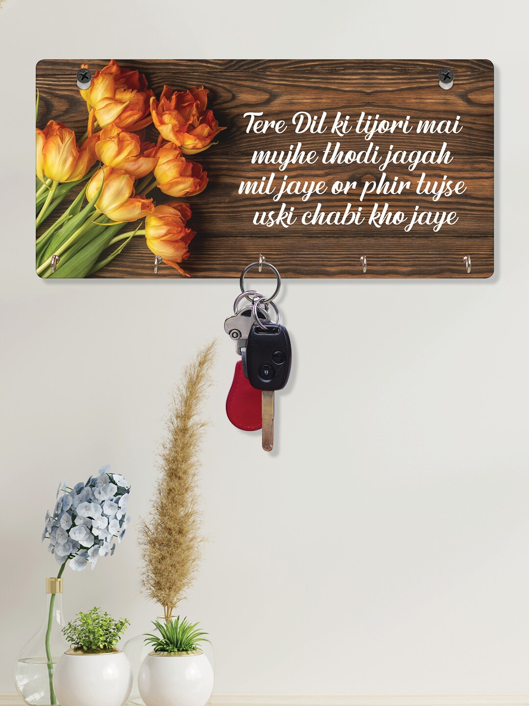 

RANDOM Set of 2 Brown Yellow Printed Wood Key Holders, Multi