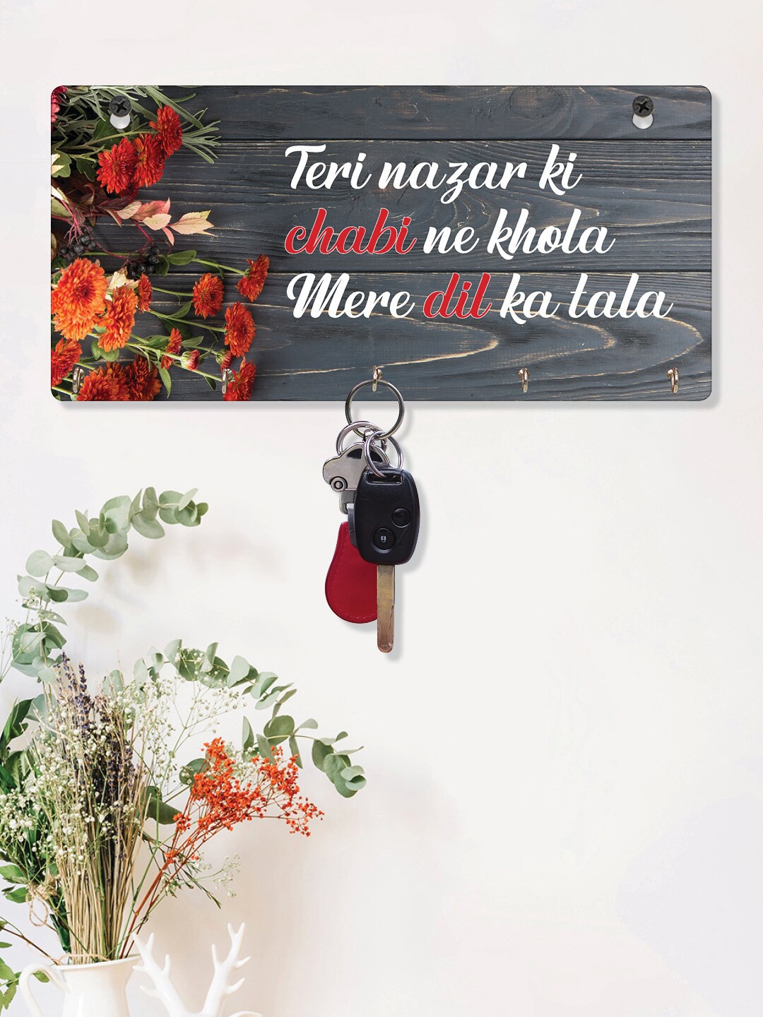 

RANDOM Set of 2 Brown Red Printed Quotes Wall Hanging Key Holder