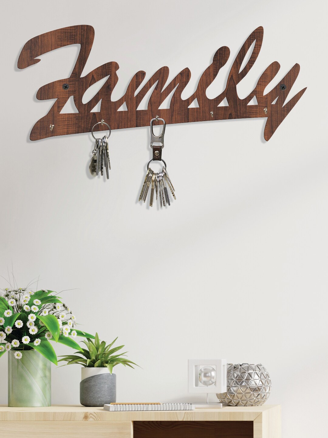 

RANDOM Coffee Brown Solid Family Wall Hanging Key Holder With 5 Hooks