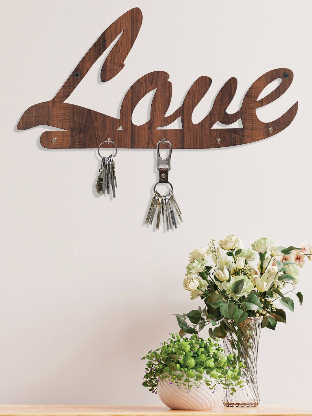 

RANDOM Set of 2 Coffee Brown Love Wall Hanging Key Holder With 5 Hooks