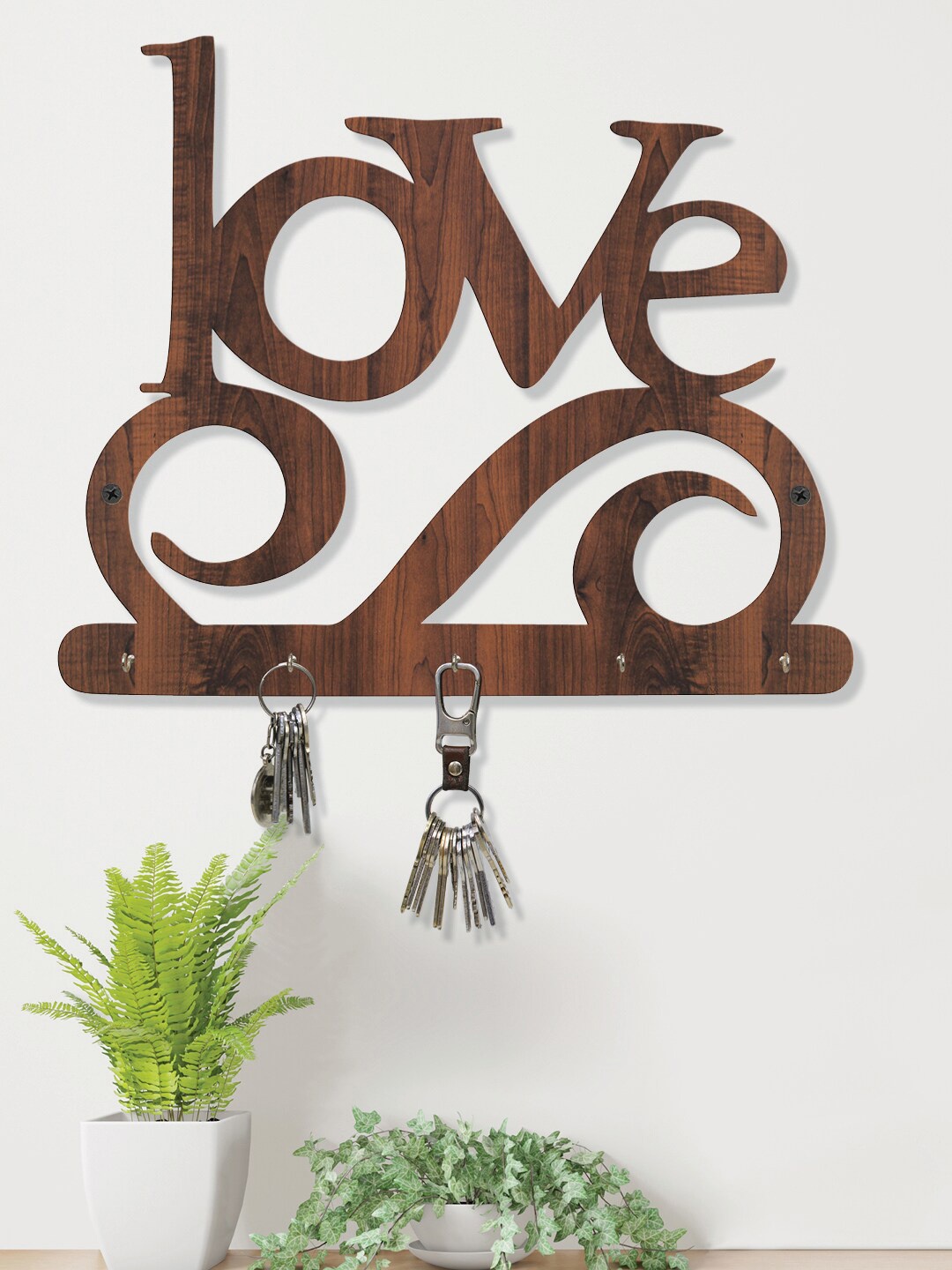 

RANDOM Set of 2 Love Wall Hanging Key Holder with 5 Hooks, Coffee brown