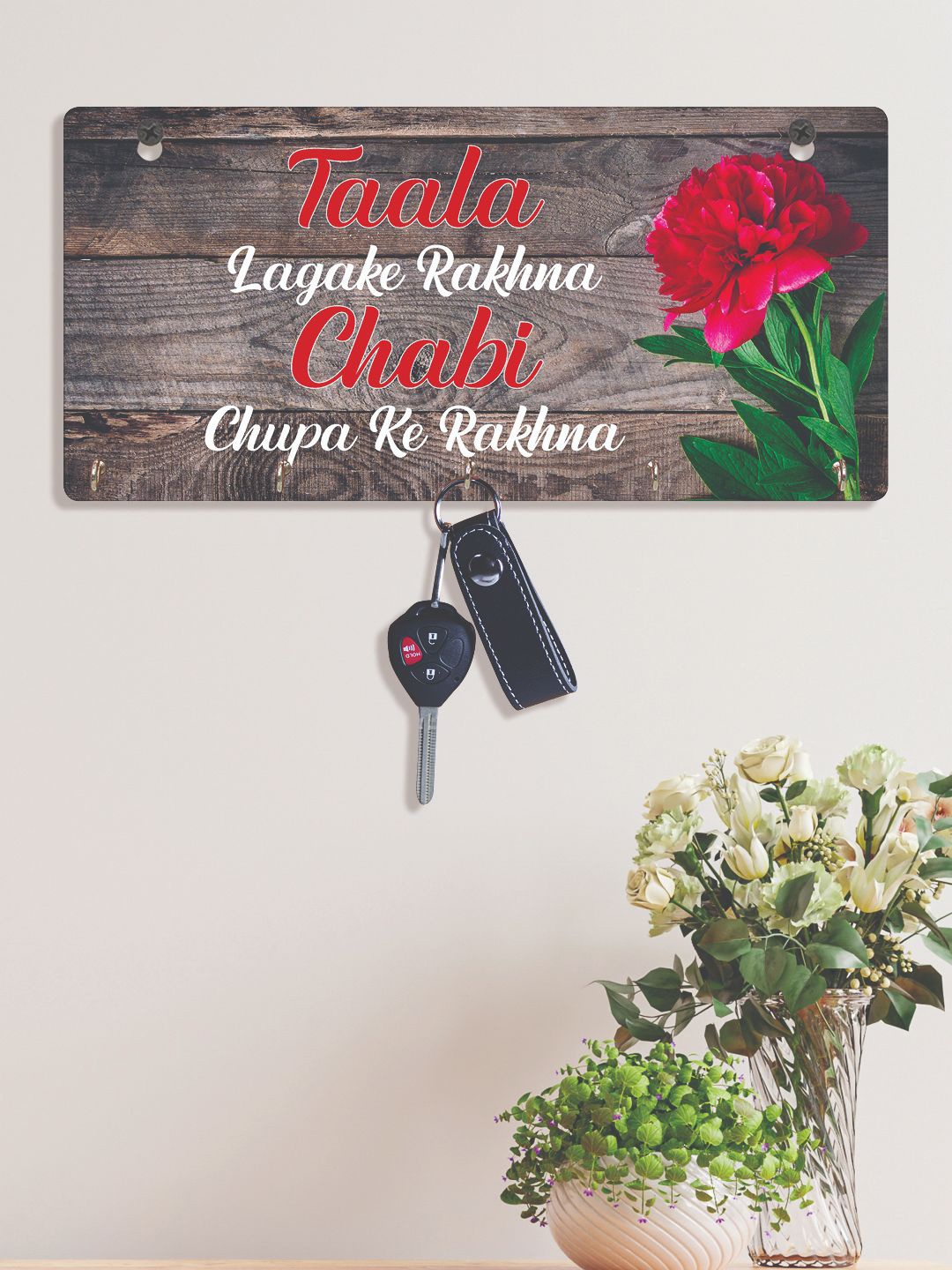 

RANDOM Set of 2 Grey & Red Printed Wall Hanging Key Holders with 5 Hooks