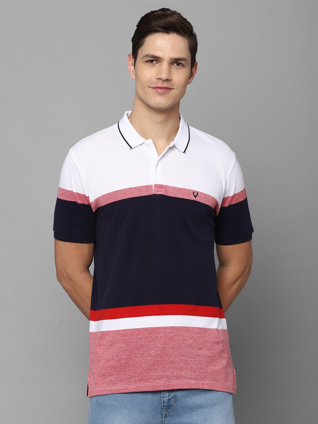 

Allen Solly Men Navy Blue & Pink Colourblocked Cotton Polo Collar T-shirt