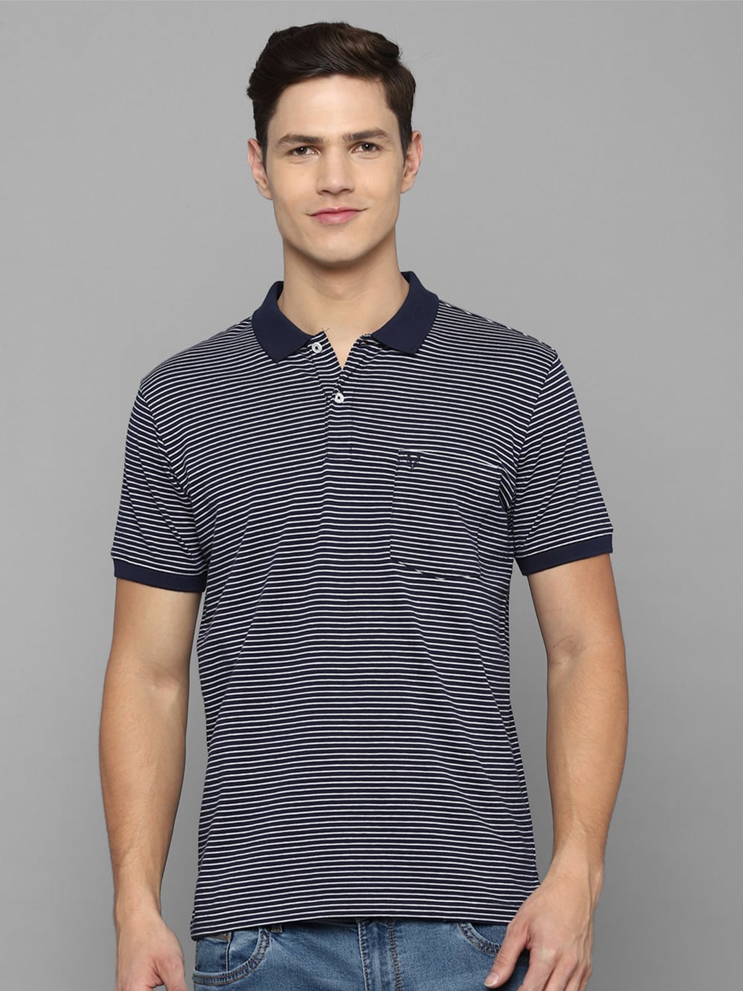 

Allen Solly Men Navy Blue Striped Cotton Polo Collar T-shirt