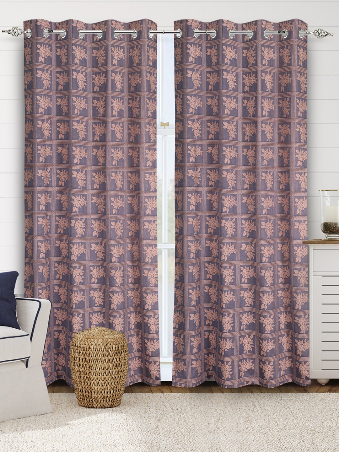 

Saral Home CHECKRO Cotton Set of 2 Blue Long Door Curtains, Grey