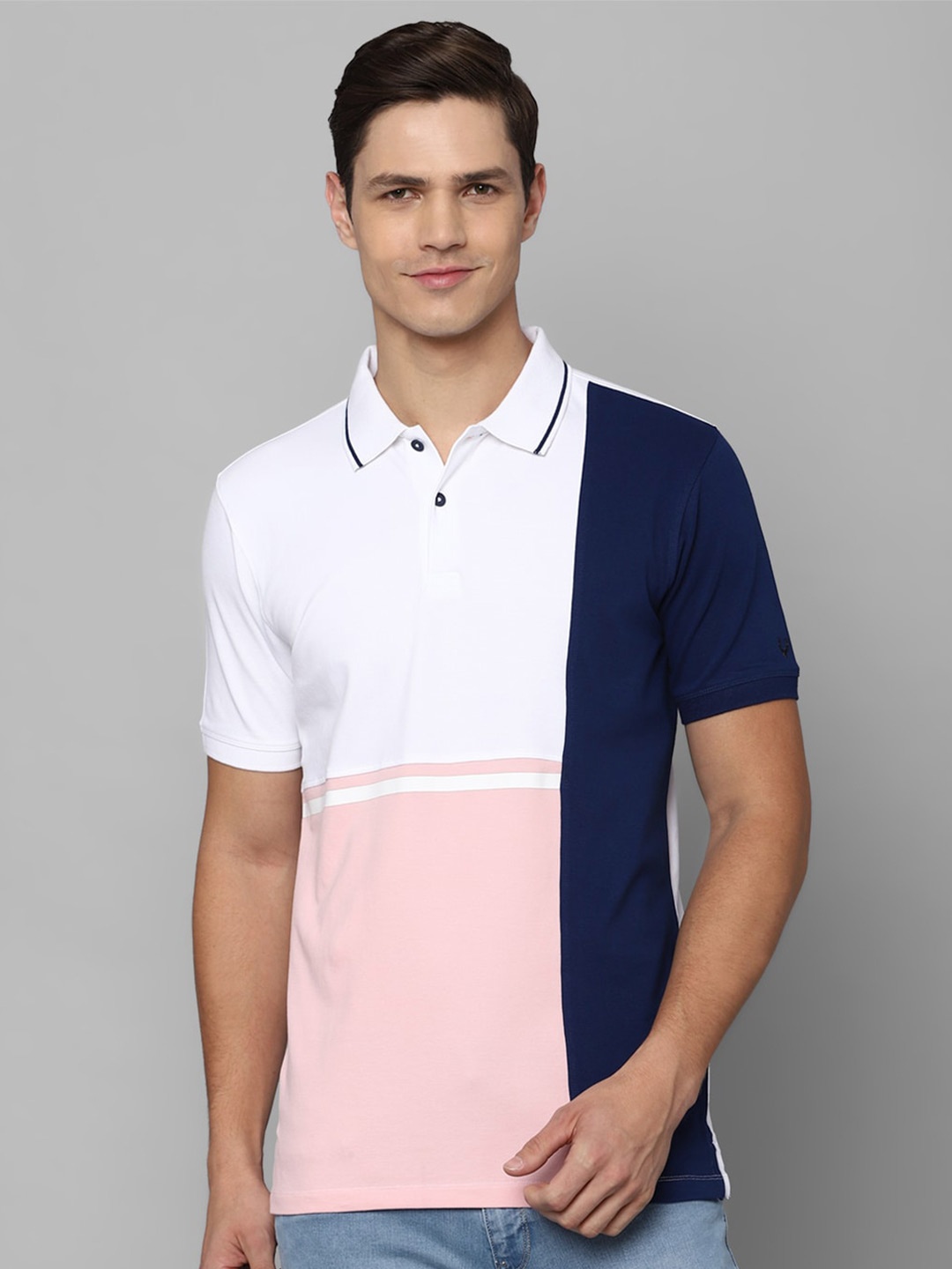 

Allen Solly Sport Men White & Navy Blue Colourblocked Cotton Polo Collar T-shirt