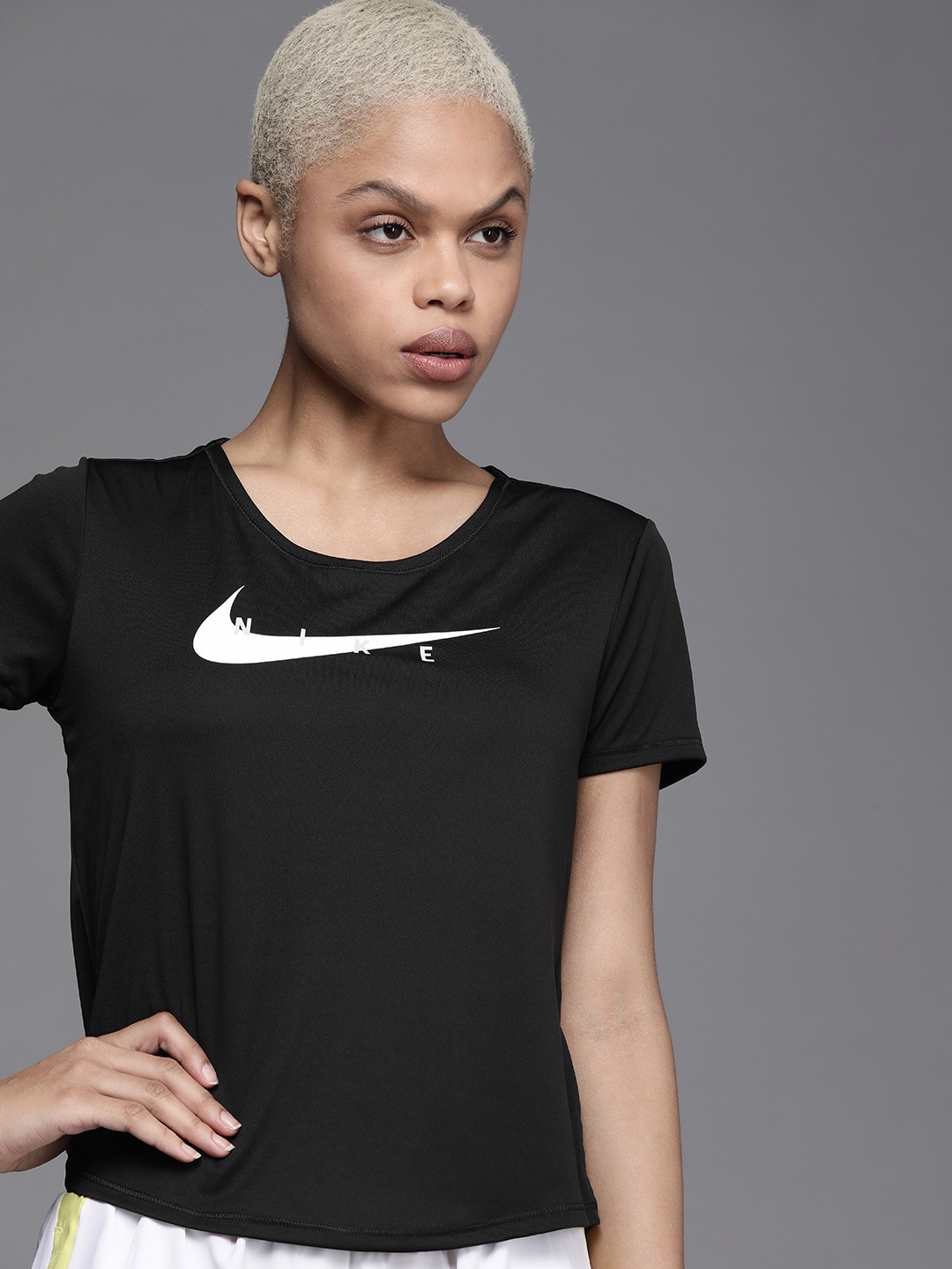 

Nike Women Black & White Brand Logo Printed Dri-FIT Swoosh Running Top