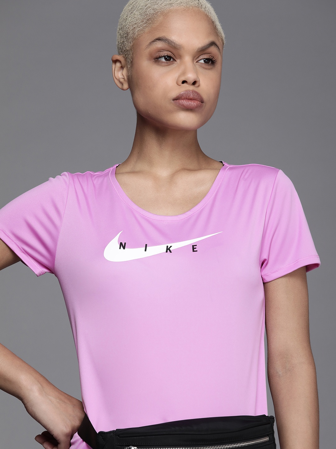 

Nike Women Purple & White Brand Logo Printed Dri-FIT Swoosh Running Top
