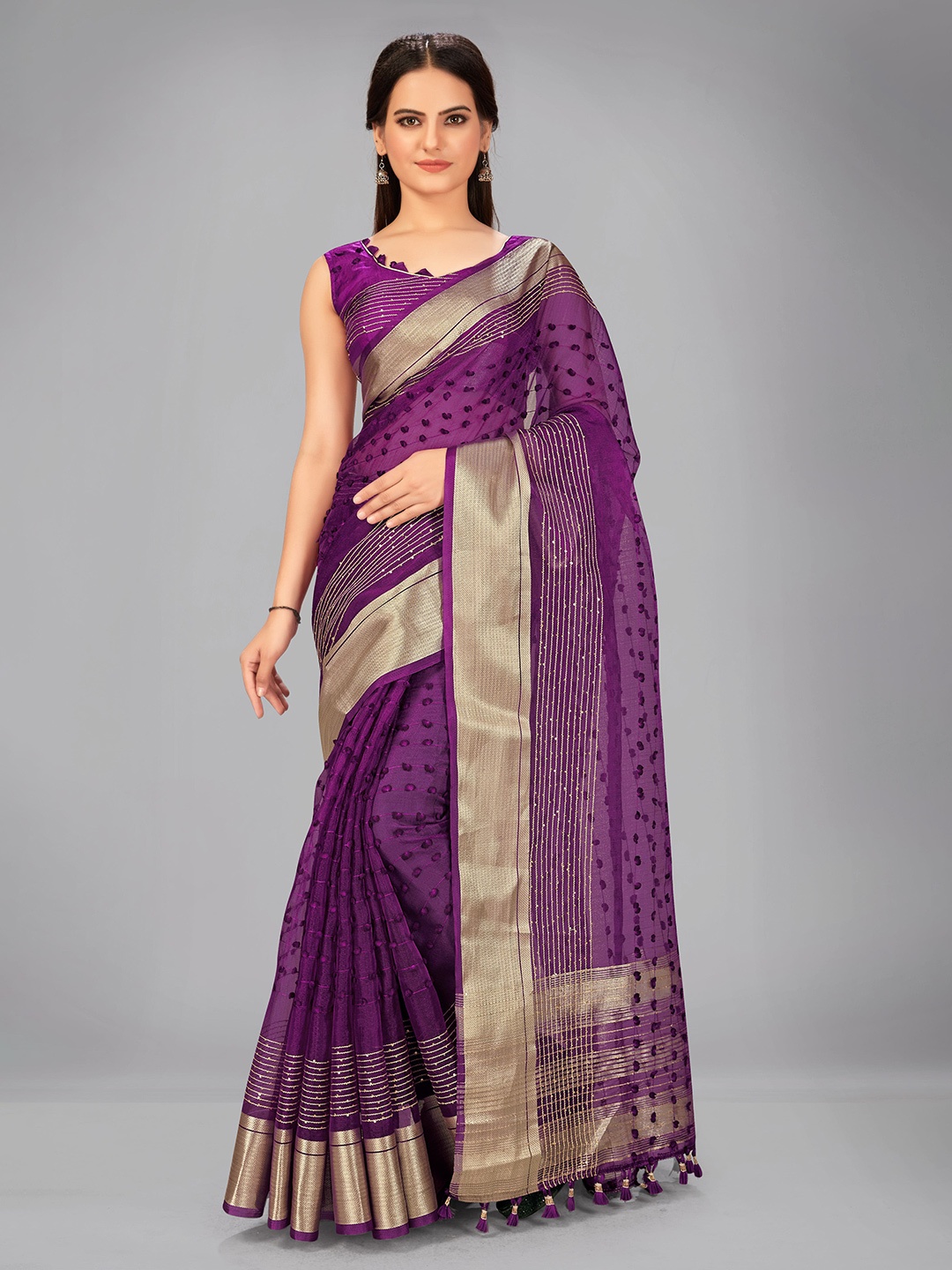 

MANOHARI Purple & Gold-Toned Woven Design Zari Silk Blend Saree
