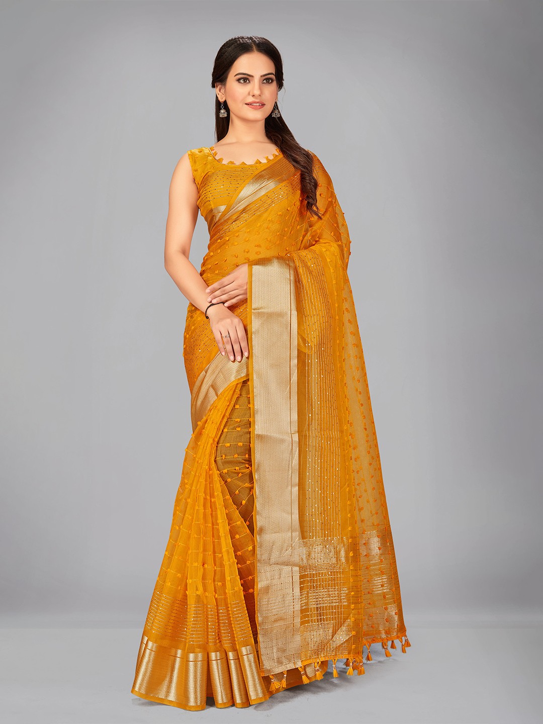 

MANOHARI Mustard & Gold-Toned Woven Design Sequinned Silk Blend Saree