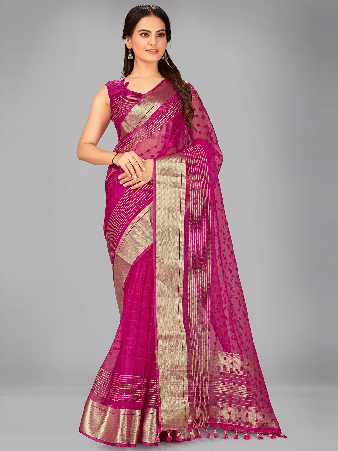 

MANOHARI Magenta & Gold-Toned Woven Design Sequinned Silk Blend Saree