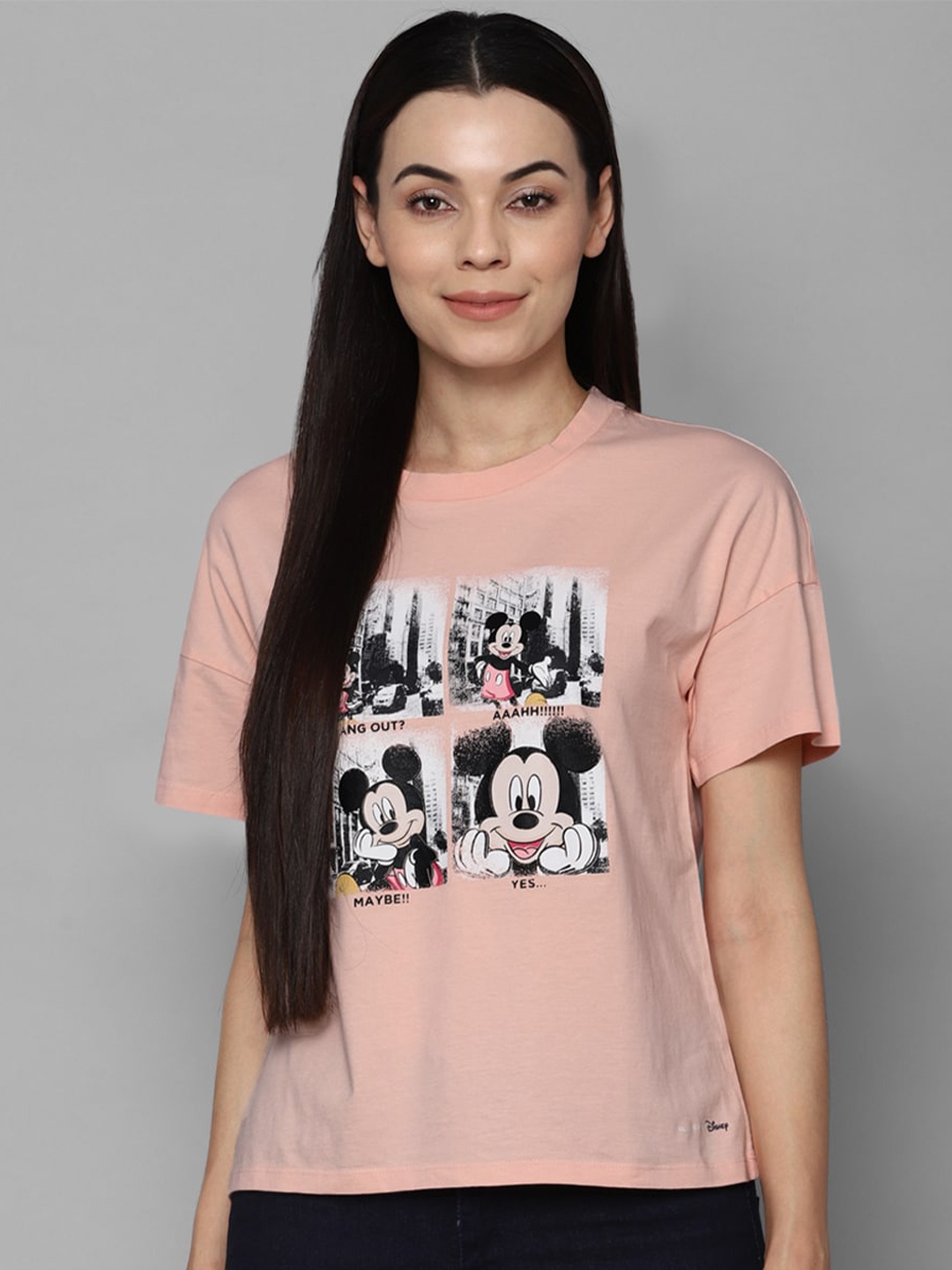 

Allen Solly Woman Peach Printed Cotton Drop-Shoulder Sleeves T-shirt