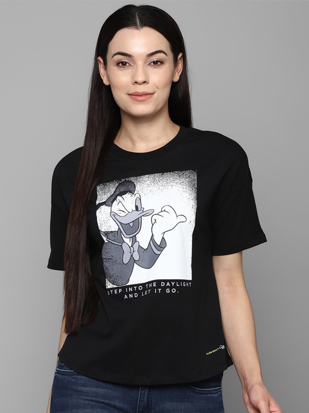 

Allen Solly Woman Black Printed Cotton Drop-Shoulder Sleeves T-shirt