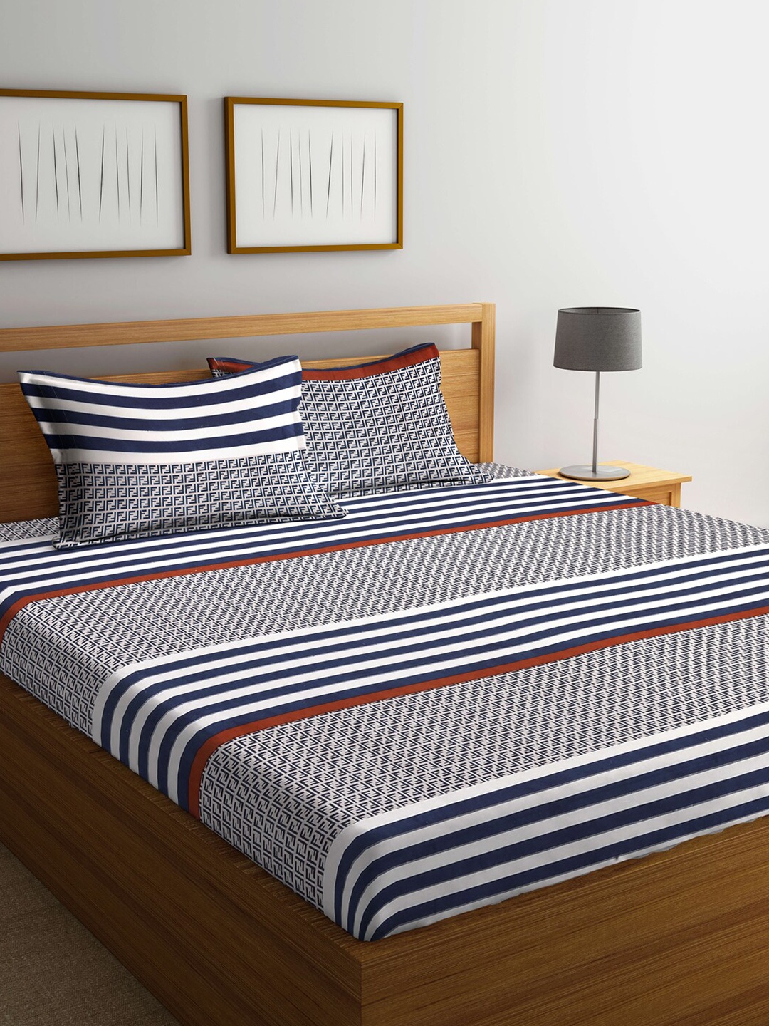 

KLOTTHE Blue & White Striped 300 TC King Bedsheet with 2 Pillow Covers