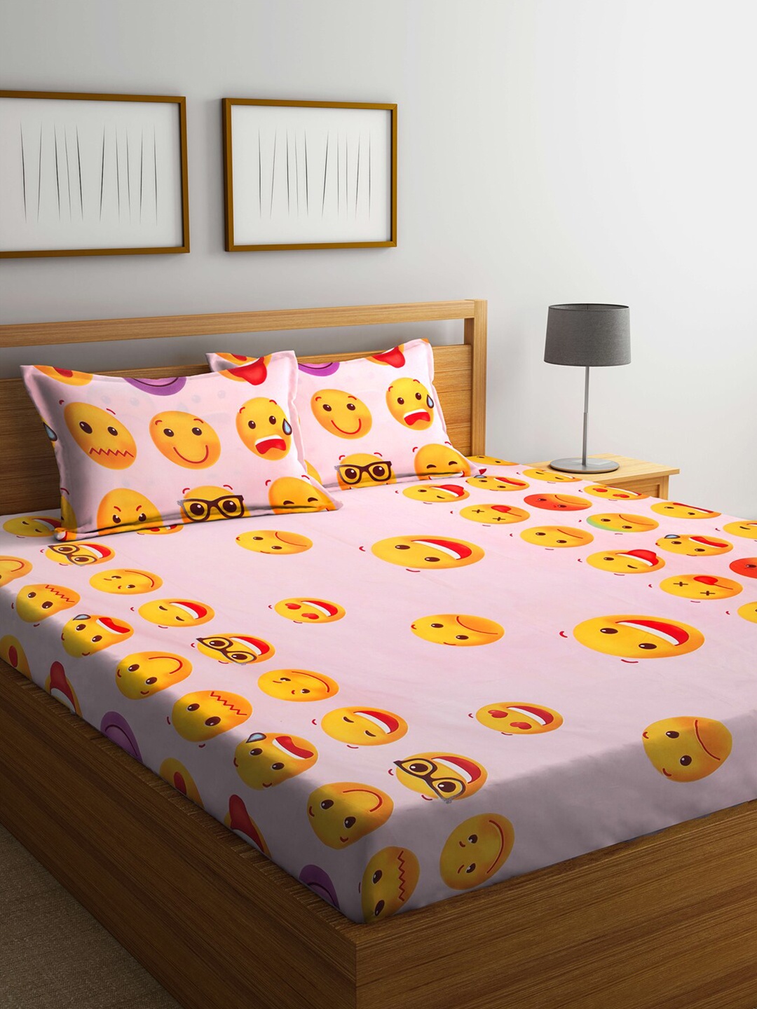 

KLOTTHE Pink & Yellow Cartoon Characters 300 TC King Bedsheet with 2 Pillow Covers