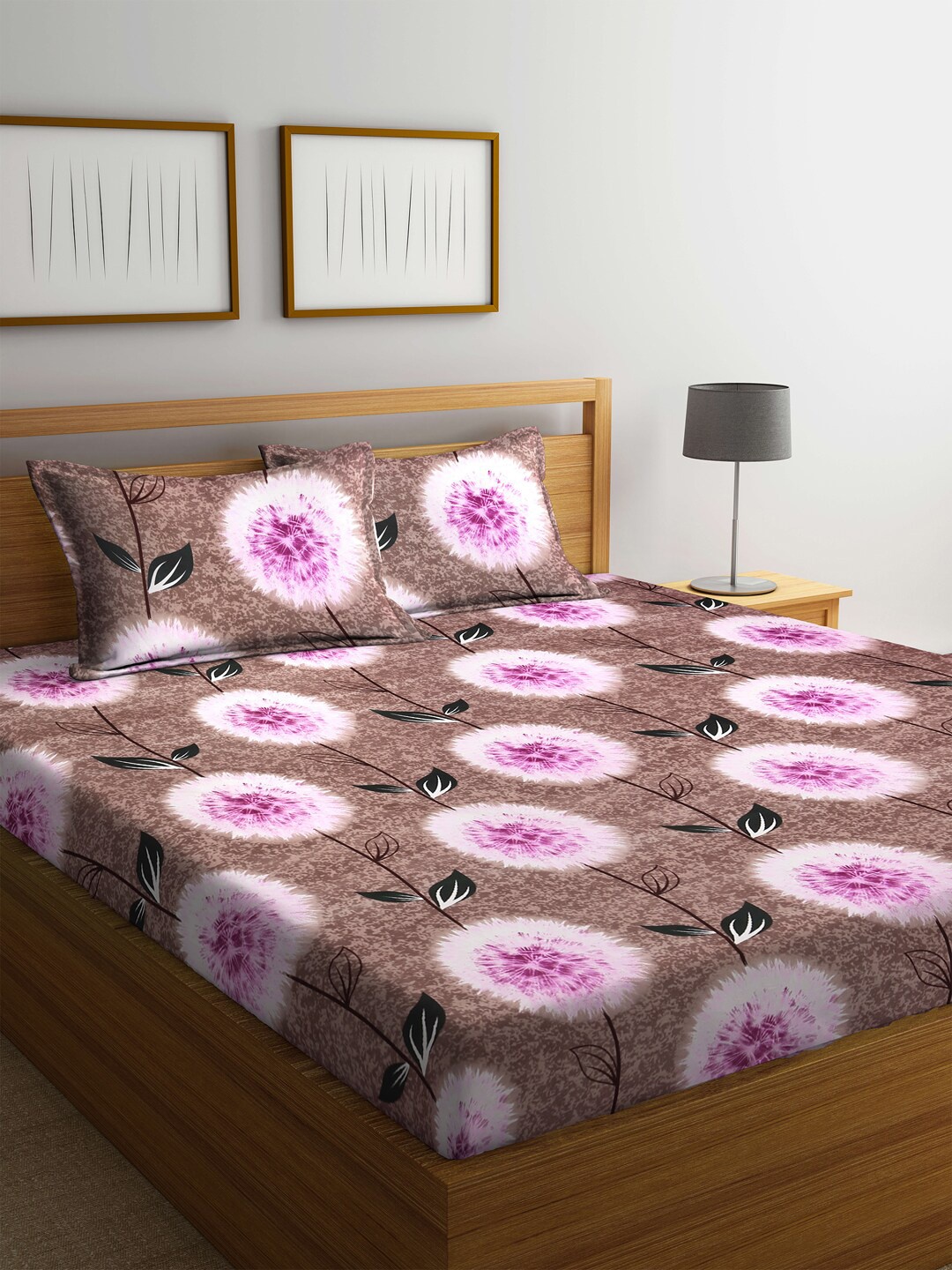 

KLOTTHE Purple & Brown Floral 300 TC King Bedsheet with 2 Pillow Covers