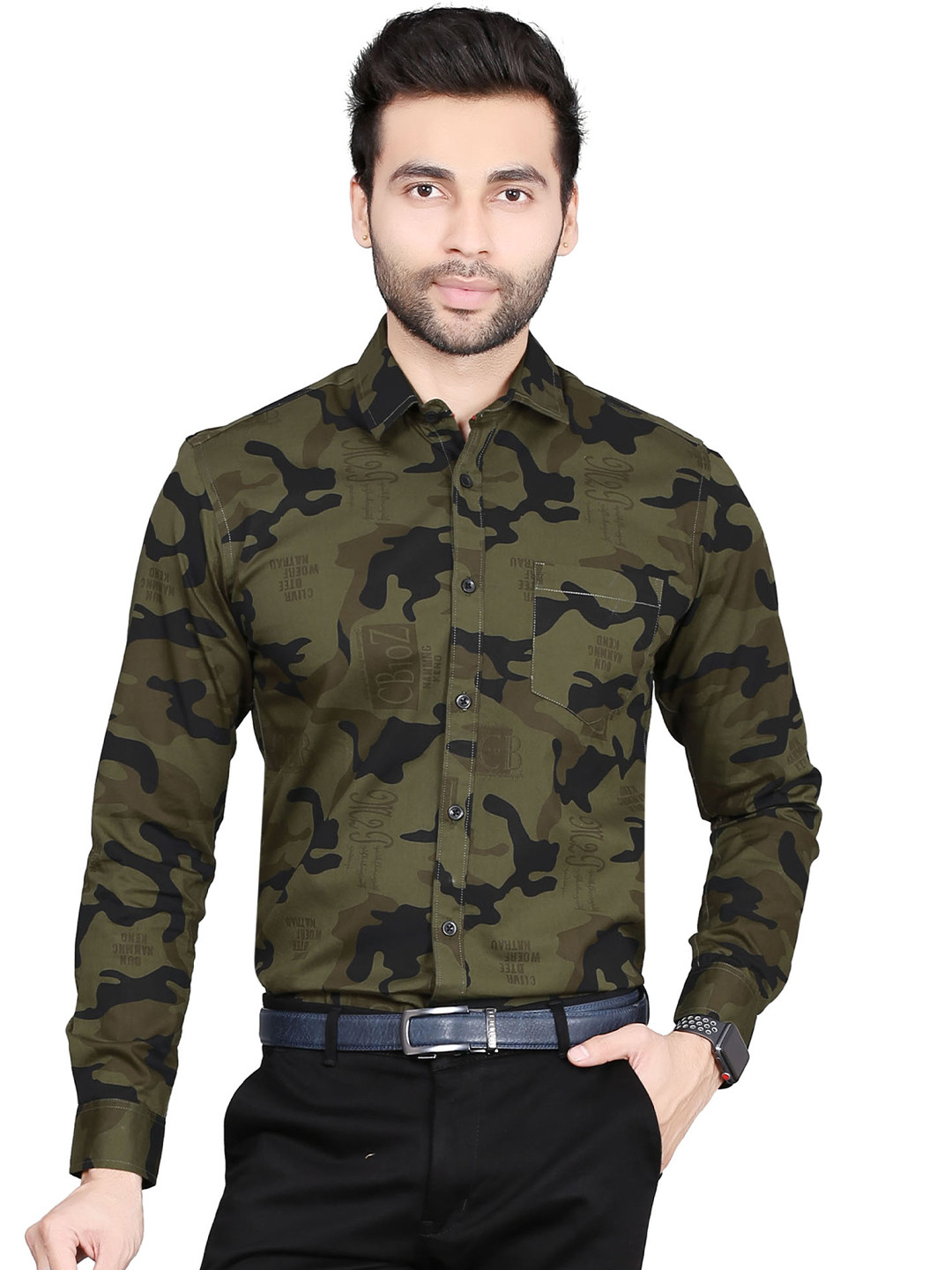

5TH ANFOLD Men Olive Green Slim Fit Printed Formal Shirt