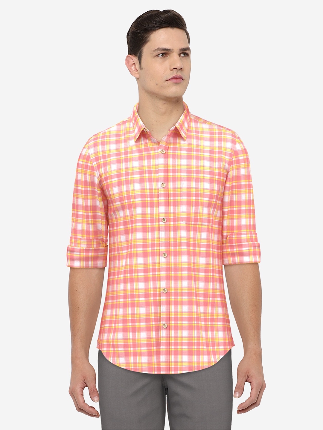 

Peter England Casuals Men Orange Slim Fit Tartan Checks Casual Shirt