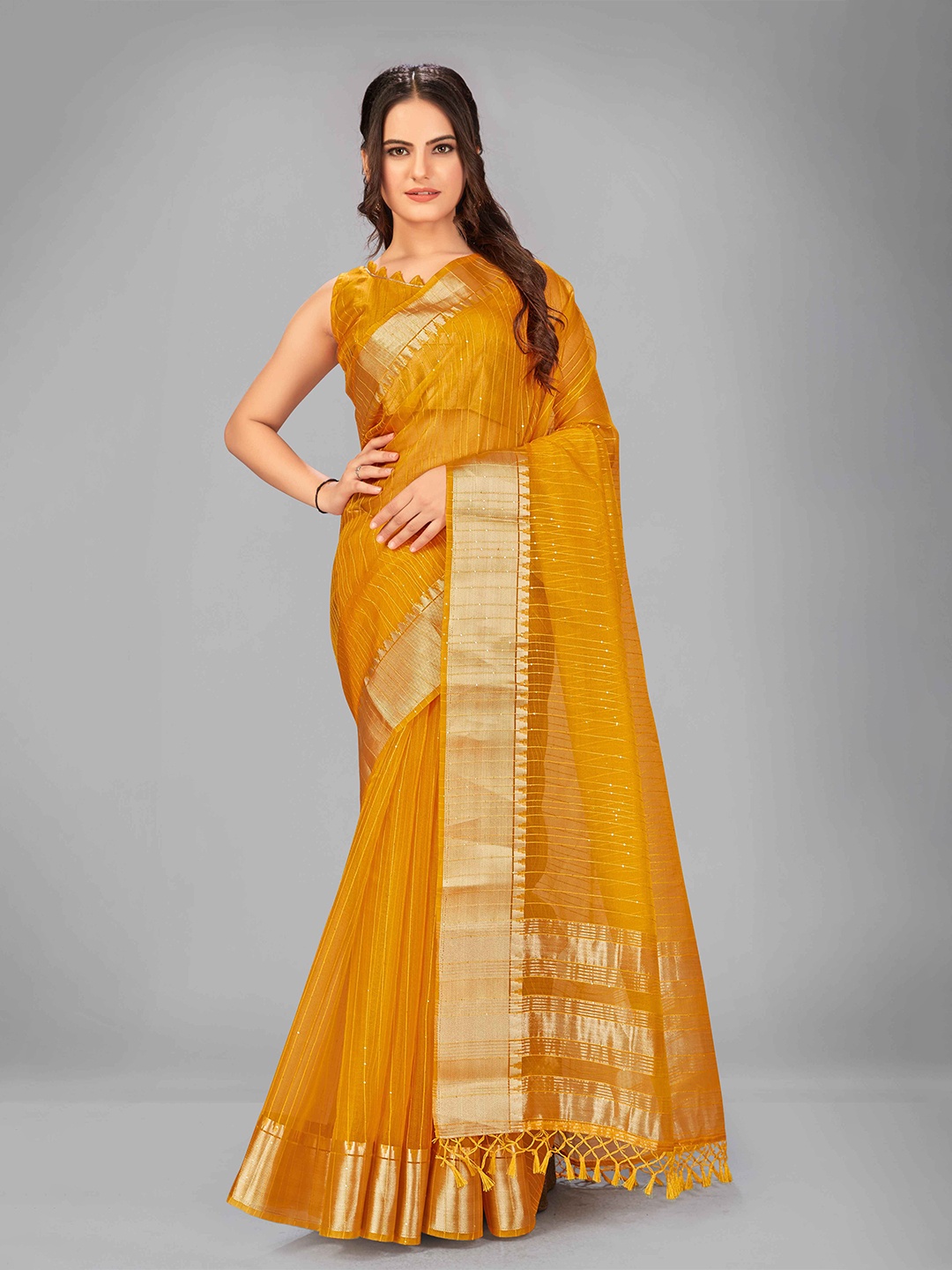 

MANOHARI Mustard & Gold-Toned Sequence Silk Blend Saree