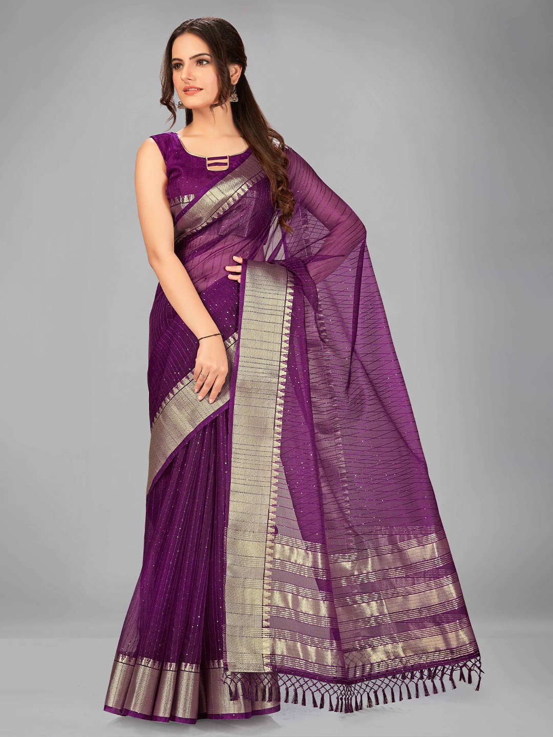 

MANOHARI Purple & Gold-Toned Sequence Silk Blend Saree