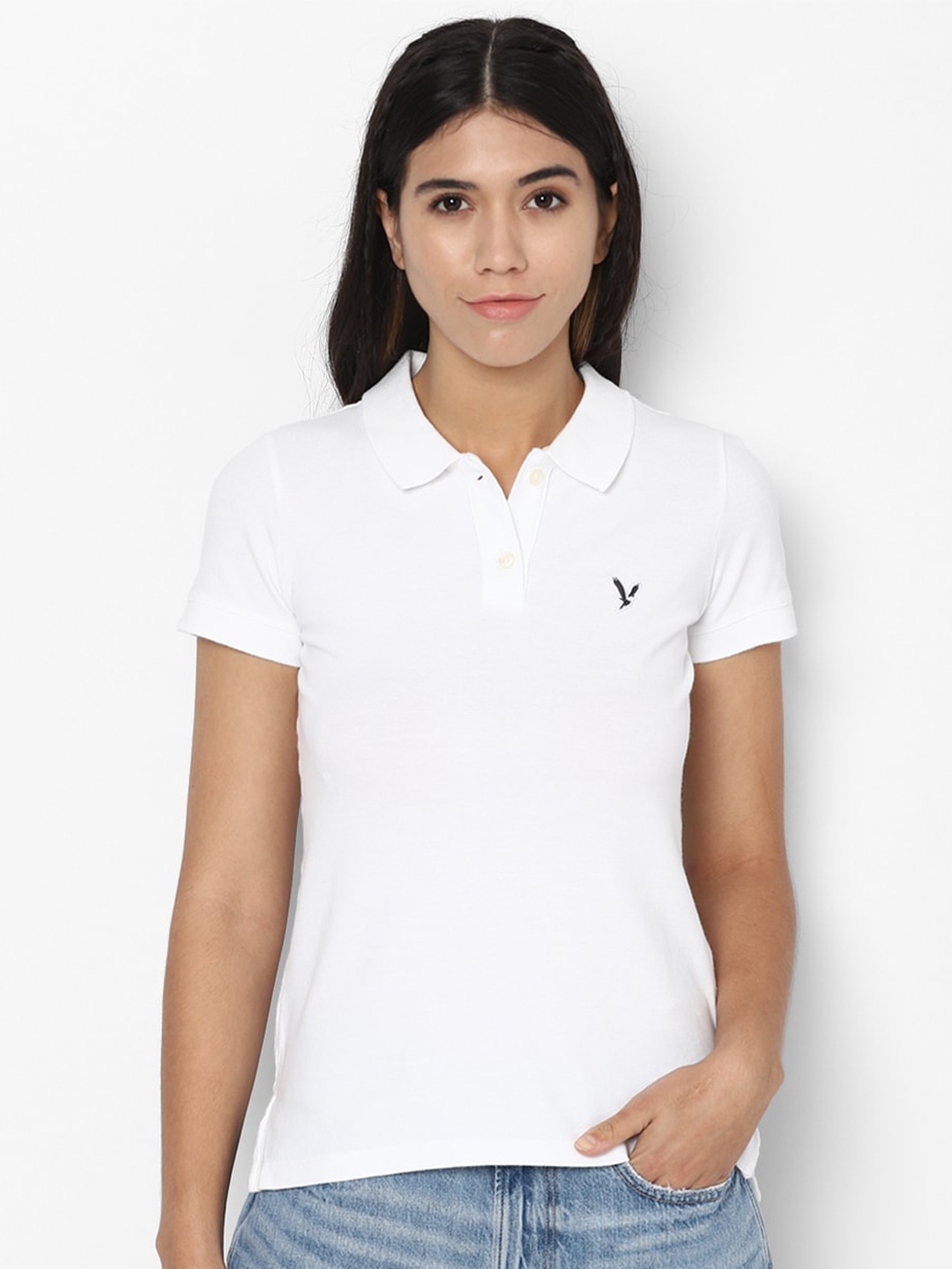 

AMERICAN EAGLE OUTFITTERS Women White Solid Cotton Polo Collar T-shirt