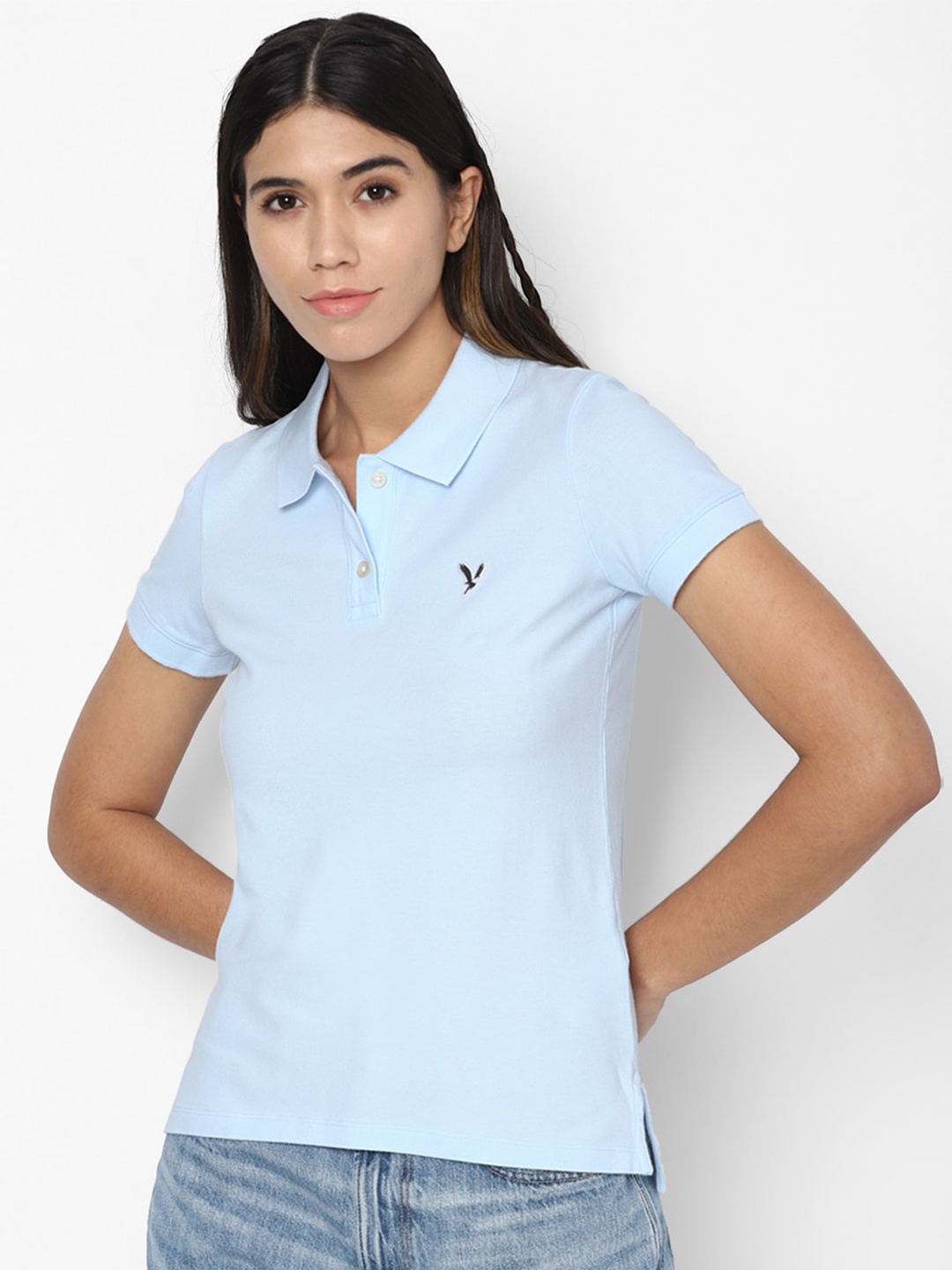 

AMERICAN EAGLE OUTFITTERS Women Blue Solid Cotton Polo Collar T-shirt