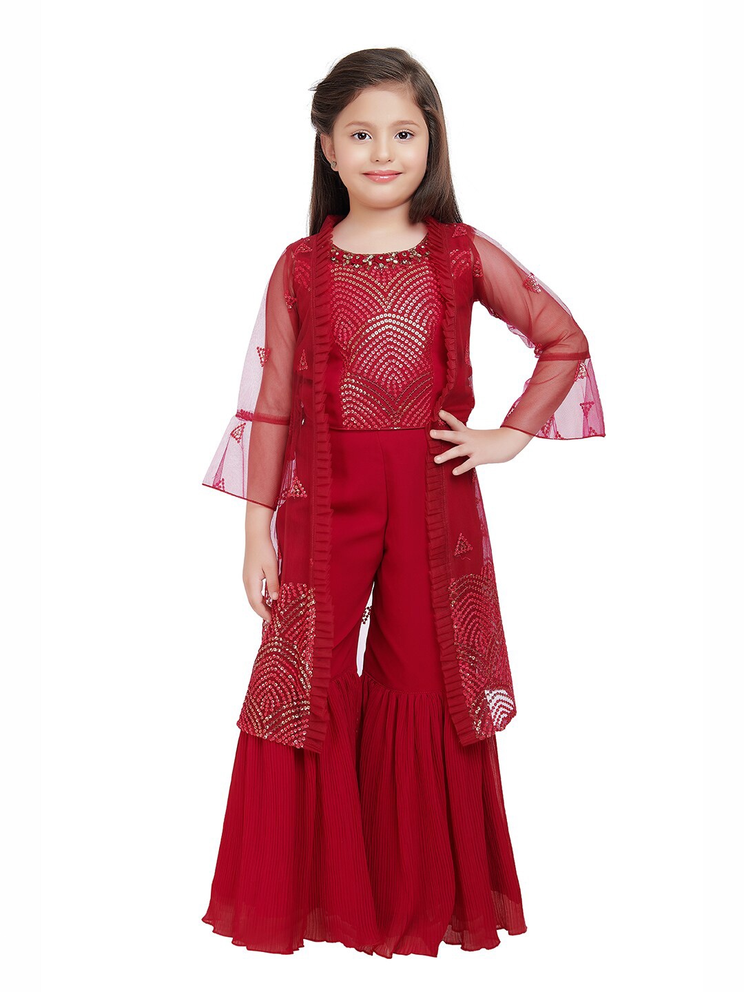 

BETTY Girls Floral Embroidered Sequinned Top with Sharara & Jacket, Red