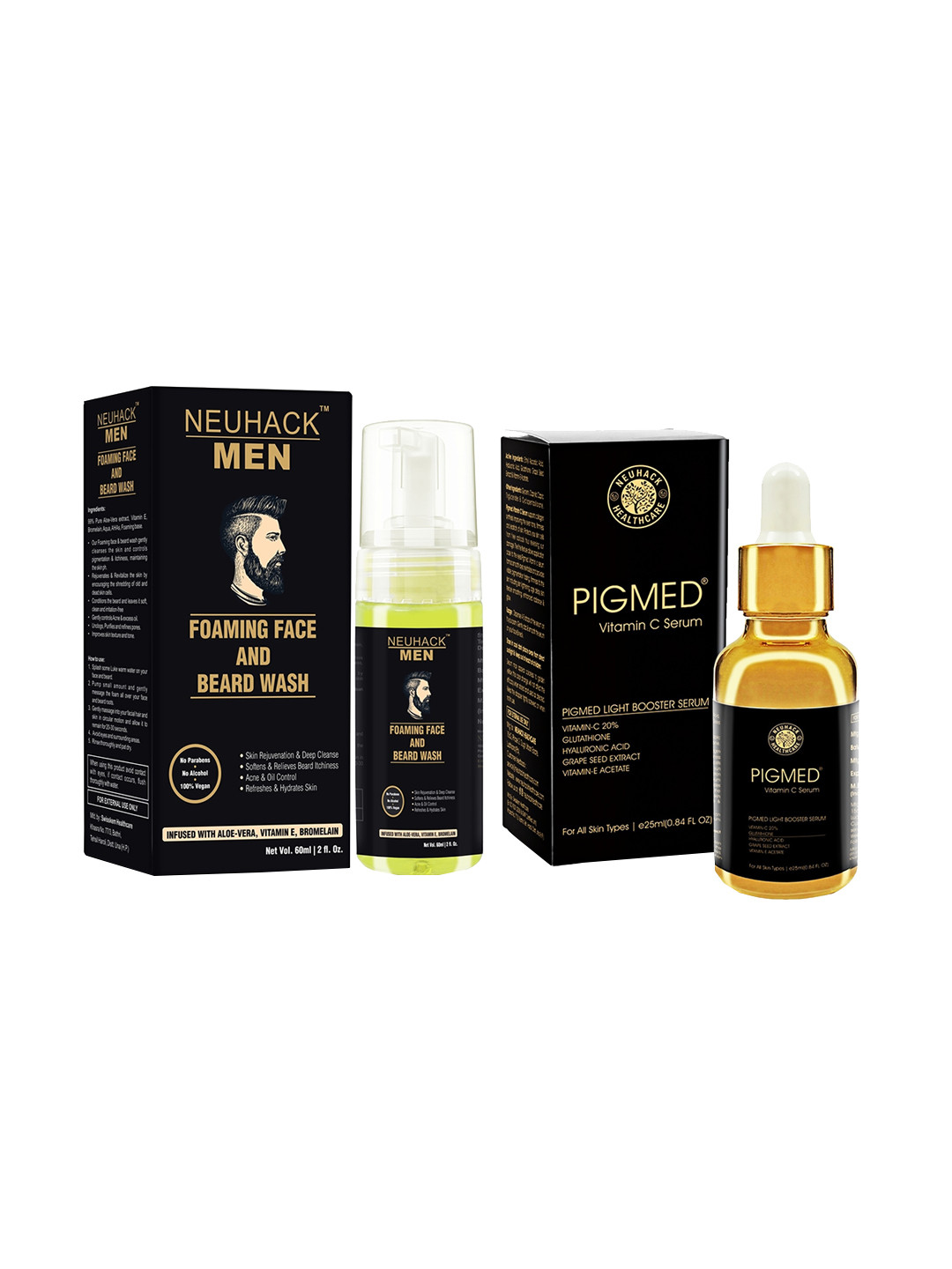 

Neuhack Men Foaming Face & Beard Wash 60 ml + Pigmed Vitamin C Serum 25 ml, Black