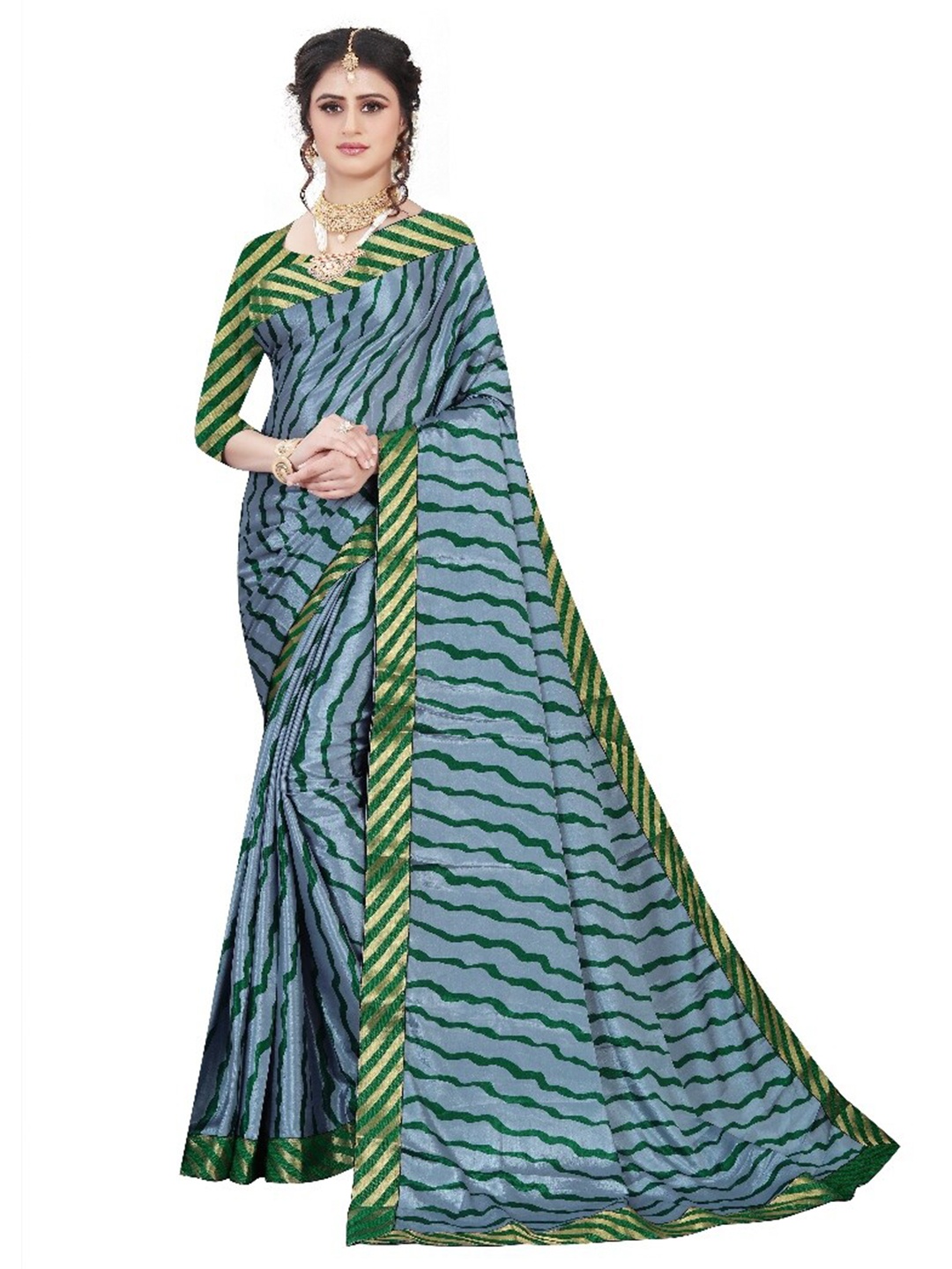 

LAHEJA Grey & Green Leheriya Saree