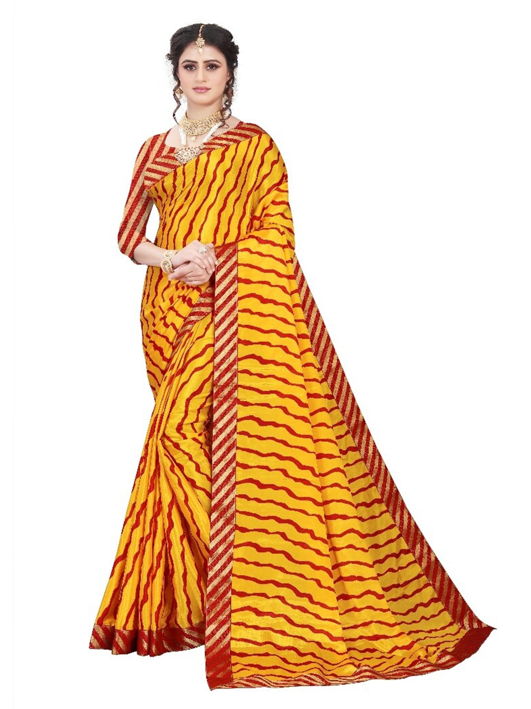 

LAHEJA Women Yellow & Red Leheriya Printed Saree