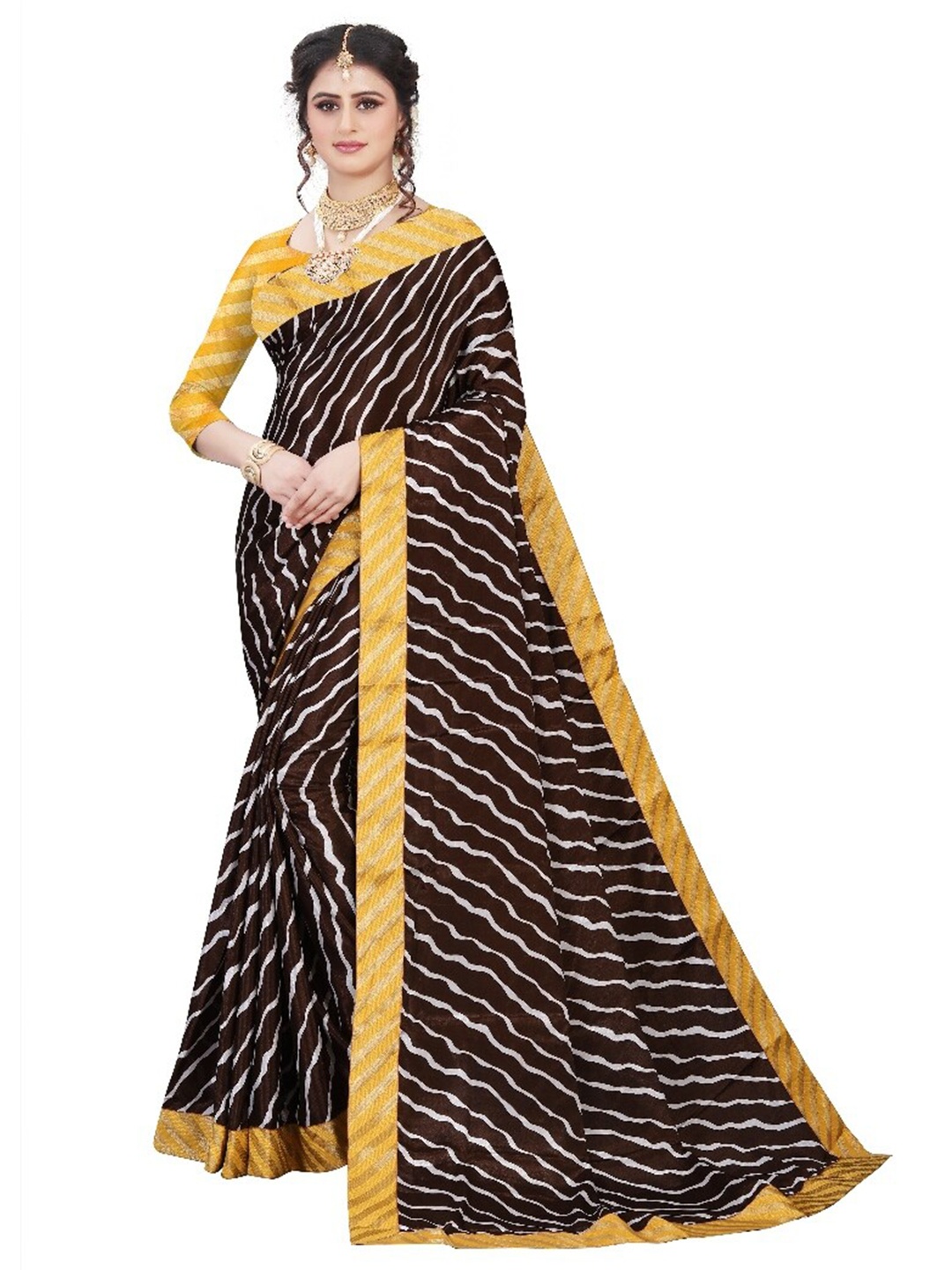 

LAHEJA Brown & Gold-Toned Leheriya printed Saree