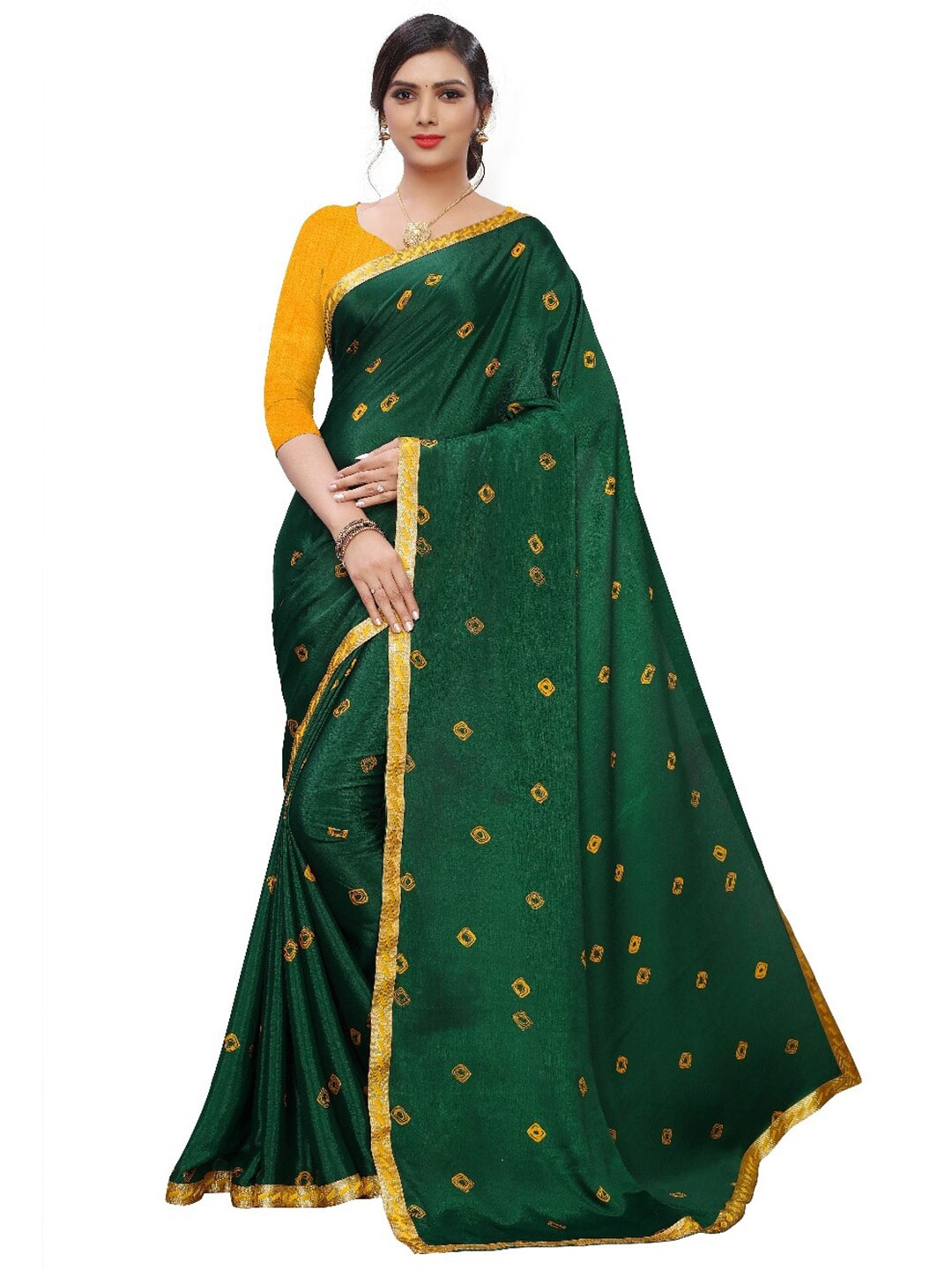 

LAHEJA Women Green & Yellow Bandhani Printed Poly Silk Saree