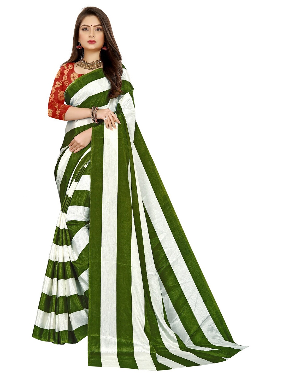 

LAHEJA Green & White Ploy Silk Striped Saree