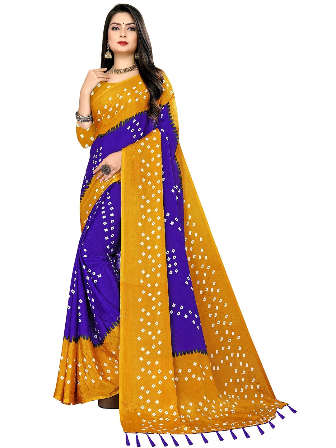 

LAHEJA Blue & Mustard Bandhani Printed Saree