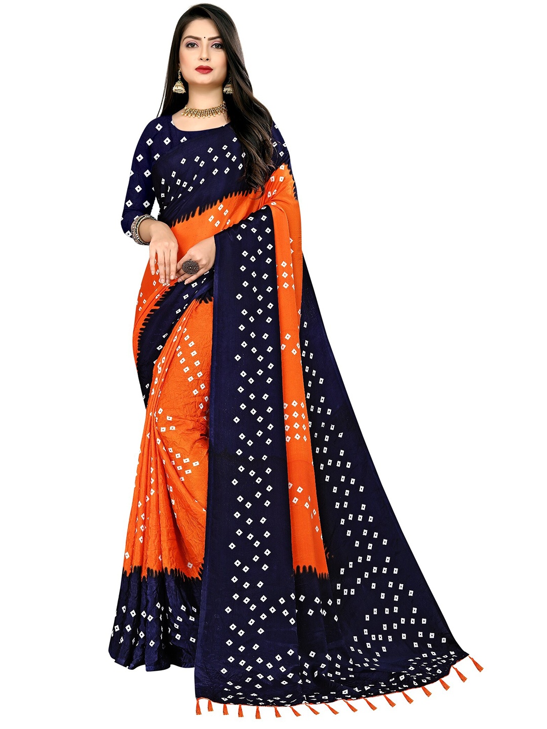 

LAHEJA Orange & Navy Blue Bandhani Printed Saree